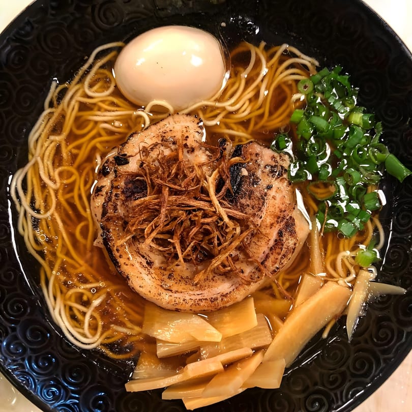A bowl of Tonkotsu ramen with noodles, broth, pork belly, a soft-boiled egg, and green onions.