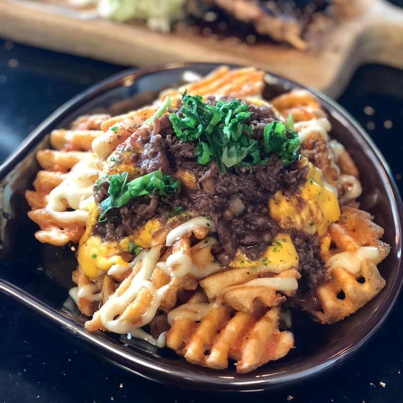 Waffle fries topped with ground beef, melted cheese, mayonnaise, and fresh green herbs in a dark bowl.